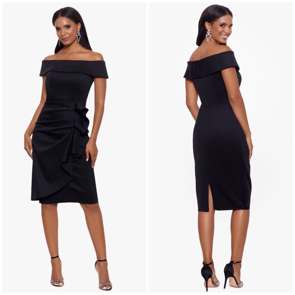 New XScape Off The Shoulder Cap Sleeve Sheath Ruched Side Scuba Crepe Dress Blac - Picture 1 of 11